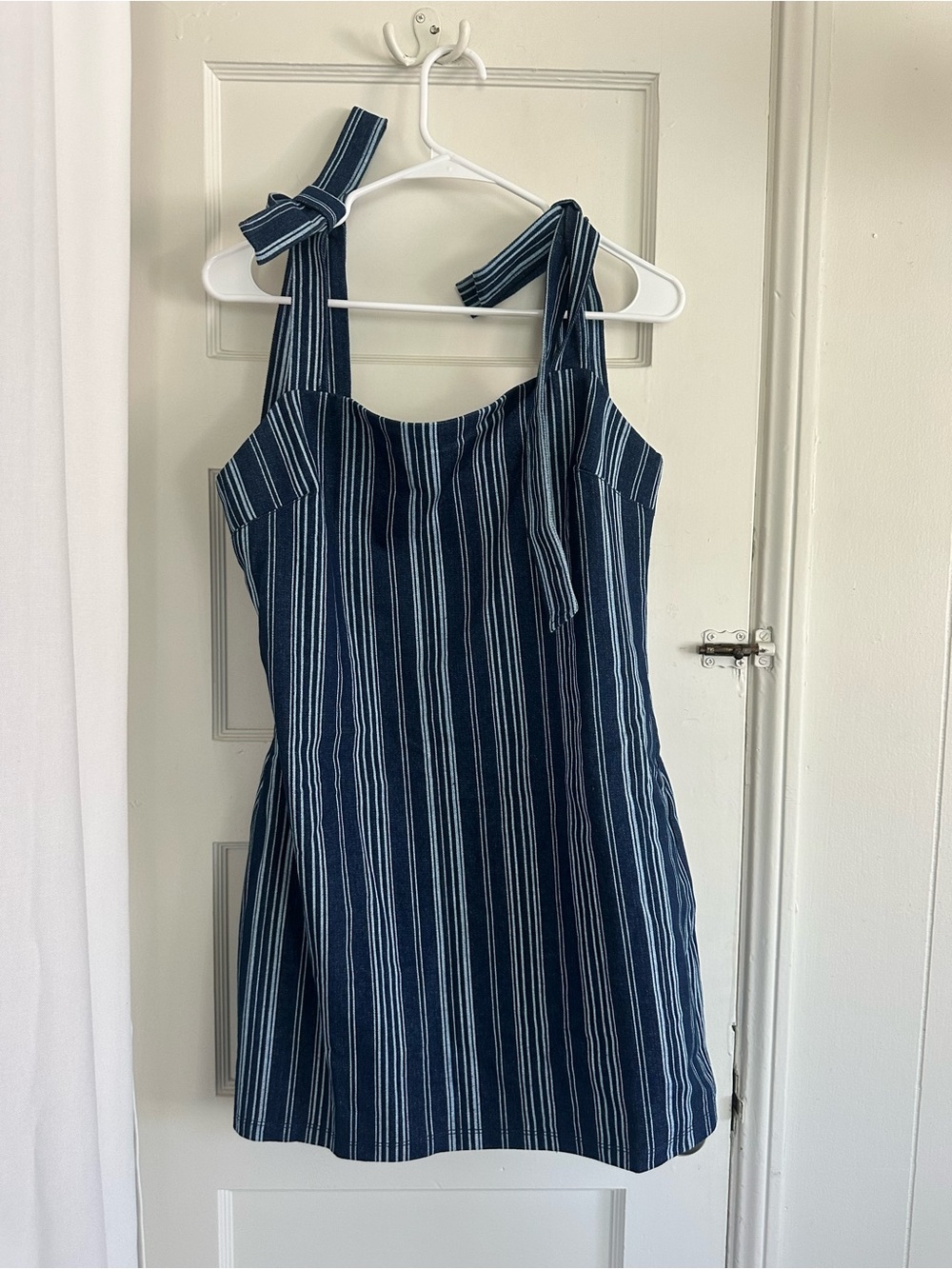 English Factory Navy and White Striped Tie-Shoulder Mini Dress